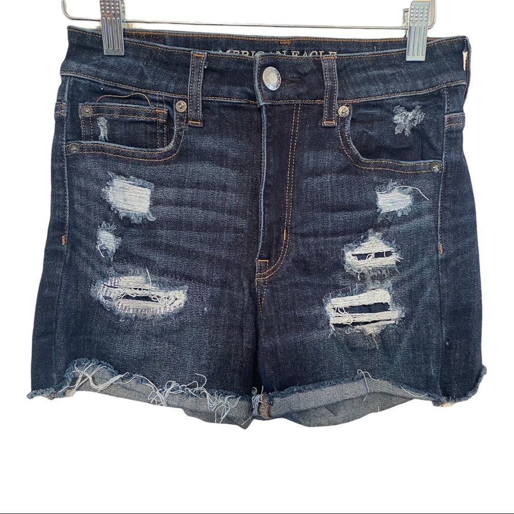 American eagle dark wash distressed high rise shortie denim jean shorts size 8